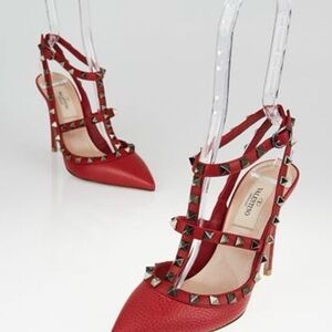 Valentino Garavani Rockstud Patent Leather T-Strap Pump in RED